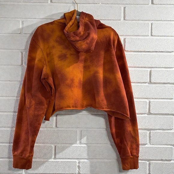 Tie Dye Cropped Hoodie Rust Orange Oversized Streetwear Raw Hem - Picture 3 of 5